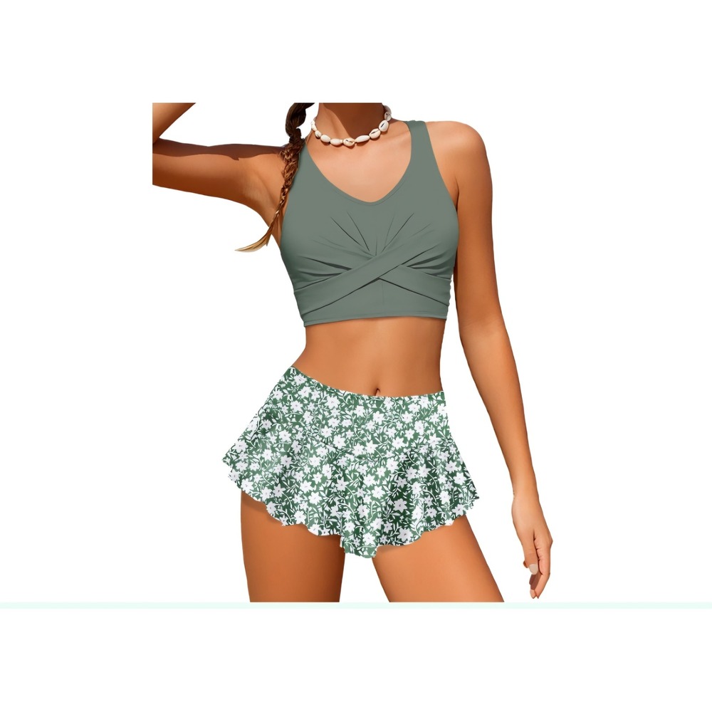 Girls Floral Print Swim Skirt and Twist Front Bikini Set Green Size 13-14Y